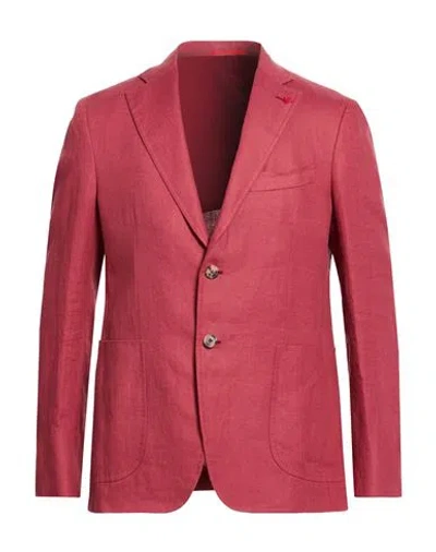 Isaia Man Blazer Brick Size 46 Linen In Red