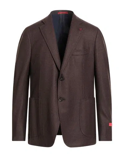 Isaia Man Blazer Dark Brown Size 48 Wool In Burgundy
