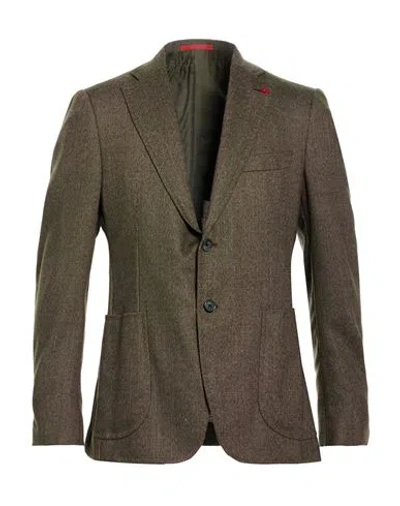 Isaia Man Blazer Dark Green Size 44 Wool In Brown
