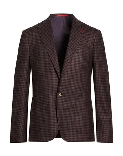 Isaia Man Blazer Dark Purple Size 44 Wool, Silk, Linen In Burgundy