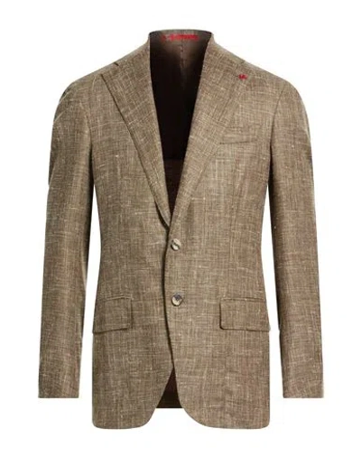 Isaia Man Blazer Military Green Size 40 Wool, Silk, Linen, Polyamide In Multi