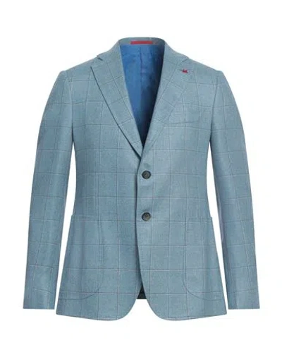 Isaia Man Blazer Pastel Blue Size 48 Silk, Wool