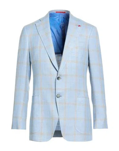 Isaia Man Blazer Sky Blue Size 42 Wool, Linen, Silk