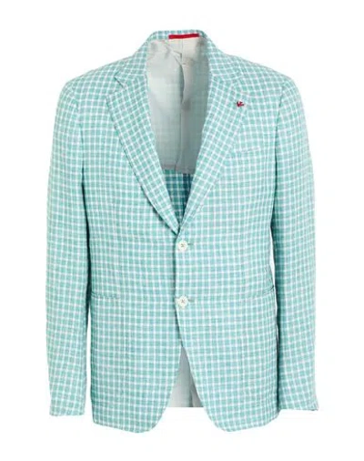 Isaia Man Blazer Turquoise Size 46 Linen, Wool, Silk In Blue