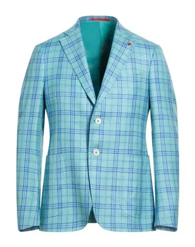 Isaia Man Blazer Turquoise Size 46 Wool, Silk, Linen In Blue