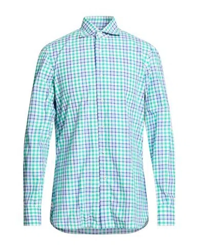 Isaia Man Shirt Green Size 17 Cotton In Blue