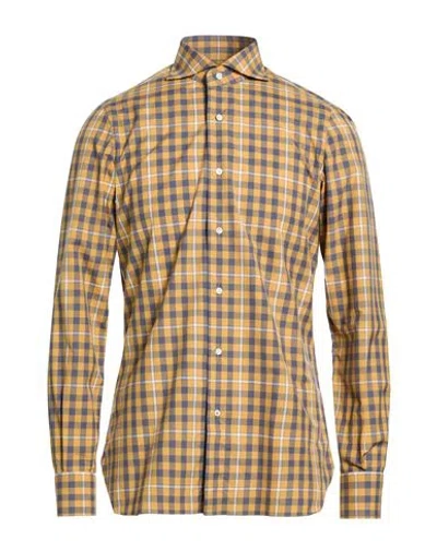 Isaia Man Shirt Mustard Size 17 Cotton In Brown