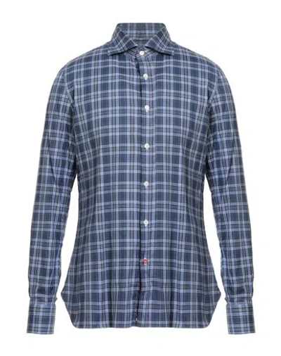 Isaia Man Shirt Navy Size 17 ½ Cotton In Blue