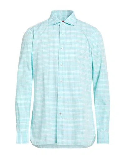 Isaia Man Shirt Turquoise Size 16 Cotton In Blue
