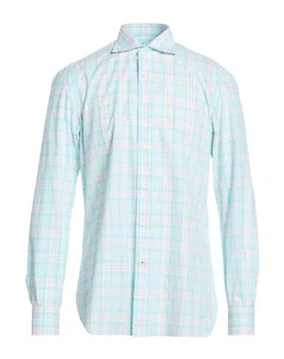 Isaia Man Shirt Turquoise Size 17 Cotton In Blue