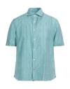 Isaia Man Shirt Turquoise Size 17 Cotton, Silk In Blue
