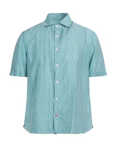 Isaia Man Shirt Turquoise Size 17 Cotton, Silk In Blue