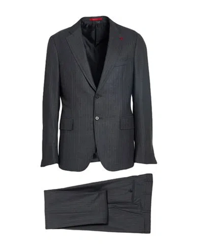 Isaia Man Suit Charcoal Size 42 Wool In Gray