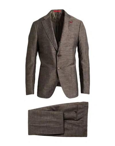 Isaia Man Suit Dark Brown Size 46 Wool, Linen