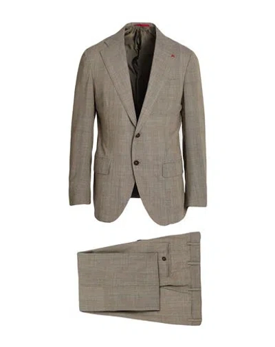 Isaia Man Suit Khaki Size 44 Wool In Brown