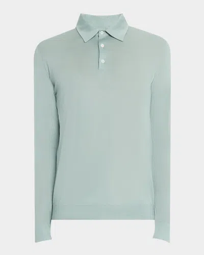 Isaia Men's Cashmere-silk Polo Sweater In Aqua