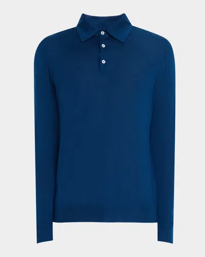 Isaia Men's Cashmere-silk Polo Sweater In Bright Blu