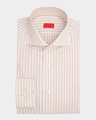 Isaia Men's Cotton And Linen Bengal Stripe Dress Shirt In Whitebeig