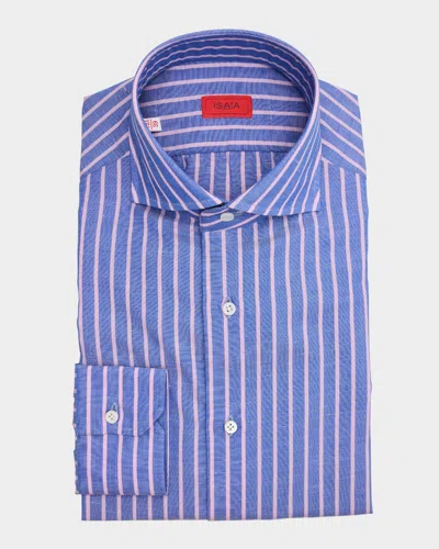 Isaia Men's Cotton And Linen Stripe Dress Shirt In Bluepink