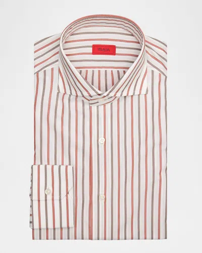 Isaia Men's Cotton Bicolor Stripe Spread-collar Dress Shirt In Red