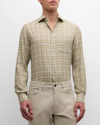 Isaia Men's Cotton-cashmere Plaid Casual Button-down Shirt In Light Beig