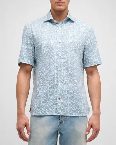 Isaia Men's Cotton Circle-print Short-sleeve Shirt In Blue