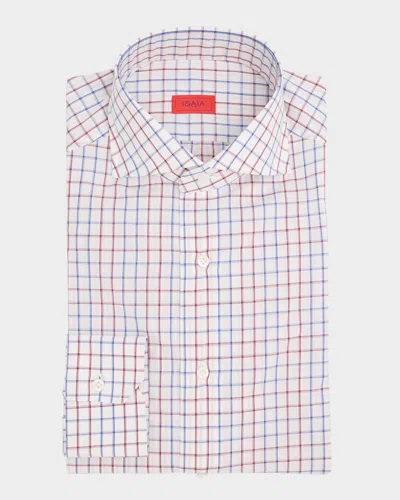 Isaia Men's Cotton Graph Check Dress Shirt In White Red