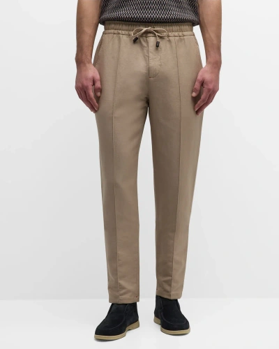 Isaia Men's Cotton-linen Pleated Drawstring Pants In Medium Beige