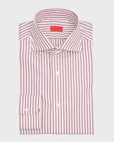 Isaia Men's Cotton Multi-stripe Dress Shirt In Whitered