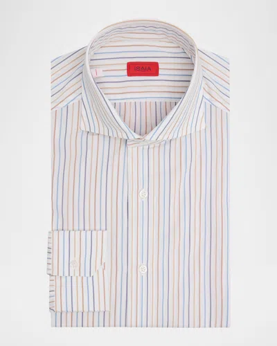 Isaia Men's Cotton Multicolor Stripe Spread Collar Dress Shirt In White