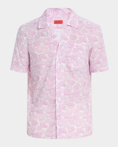 Isaia Men's Cotton Umbrella-print Camp Shirt In White/pink