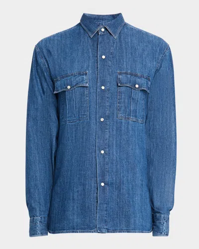 Isaia Men's Denim Western Shirt In Light Blue