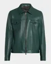 Isaia Men's Full-zip Lambskin Trucker Jacket In Dark Green