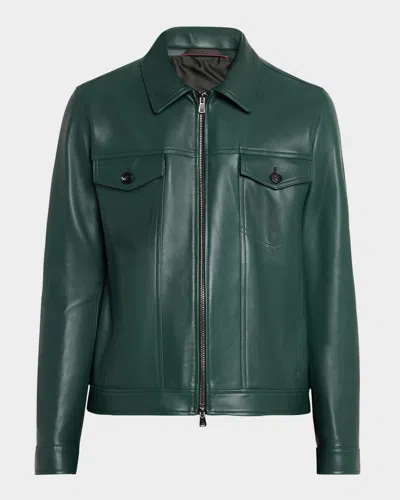 Isaia Men's Full-zip Lambskin Trucker Jacket In Dark Green