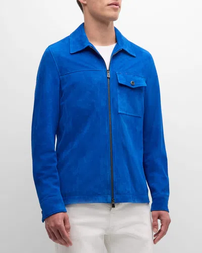 Isaia Men's Full-zip Leather Blouson In Bright Blue