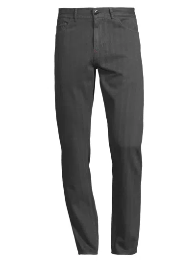 Isaia Men's Herringbone Slim-fit Jeans In Gray