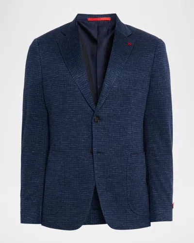 Isaia Men's Houndstooth Wool-blend Jersey Blazer In Blue