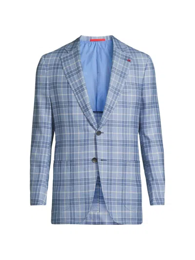 Isaia Men's Light Blue Easy Plaid Wool-cashmere Jacket In Multi