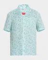 Isaia Men's Linen Coral-print Camp Shirt In White/green