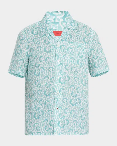 Isaia Men's Linen Coral-print Camp Shirt In White/green