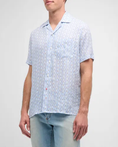 Isaia Men's Linen Geometric-print Camp Shirt In Blue