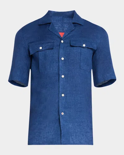 Isaia Men's Linen Two-pocket Camp Shirt In Blue Navy