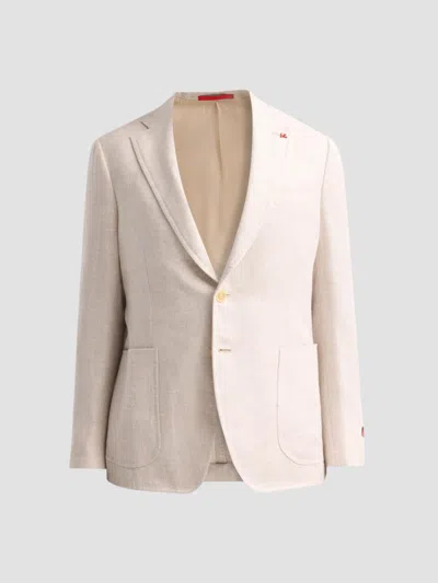 Isaia Men's Linen-wool-silk Woven Jacket In Light Beige