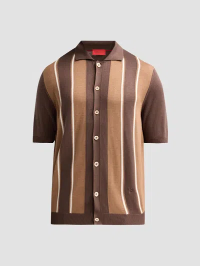 Isaia Men's Retro Striped Full-button Polo Shirt In Brown