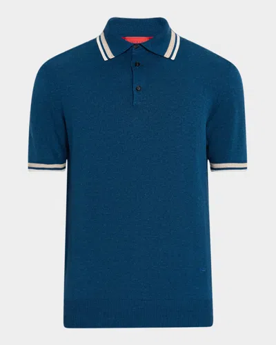 Isaia Men's Silk And Linen Tipped Polo Sweater In Medium Blu