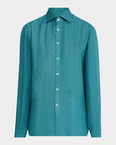 Isaia Men's Solid Linen Sport Shirt In Green