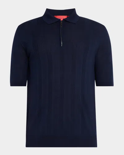 Isaia Men's Stripe Knit Short-sleeve Polo Sweater In Navy