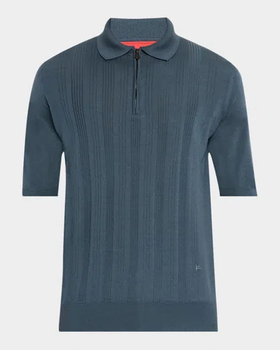 Isaia Men's Stripe Knit Short-sleeve Polo Sweater In Pastel Blu