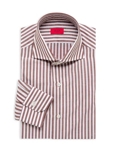Isaia Men's Striped Cotton & Linen-blend Shirt In Brown Stripe