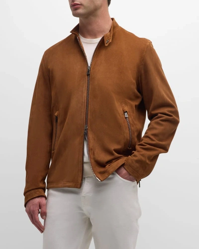 Isaia Men's Suede Full-zip Moto Jacket In Rust